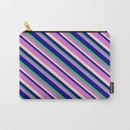 [ Thumbnail: Blue, Sea Green, Orchid, and Beige Colored Striped/Lined Pattern Carry-All Pouch ]