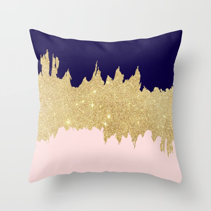 Modern navy blue blush pink gold glitter brushstrokes Throw Pillow