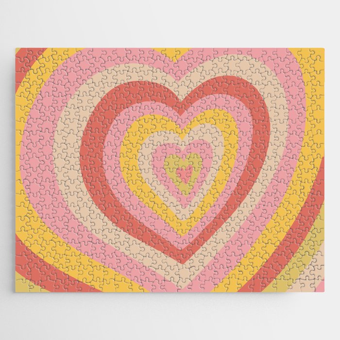 Retro Groovy Love Hearts - yellow pink coral beige Jigsaw Puzzle