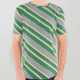 [ Thumbnail: Tan, Sea Green, and Dark Gray Colored Stripes/Lines Pattern All Over Graphic Tee ]