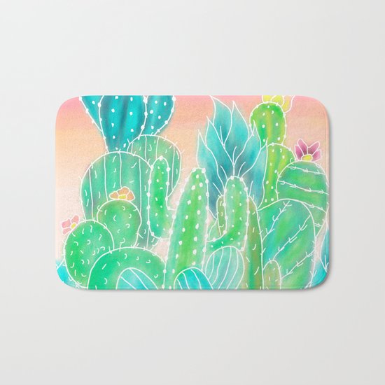 Modern tropical exotic summer cactus illustration pink ombre watercolor Bath Mat