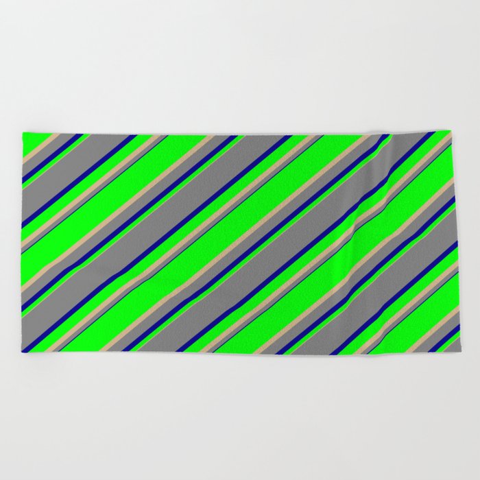 Lime, Tan, Grey & Dark Blue Colored Lined/Striped Pattern Beach Towel