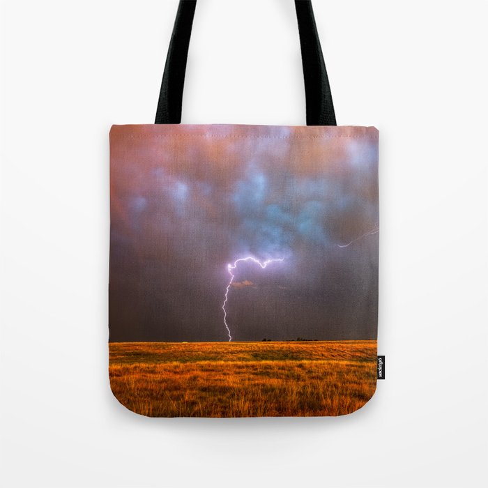 Ride the Lightning - Lightning and Rainbow Over Oklahoma Plains Tote Bag
