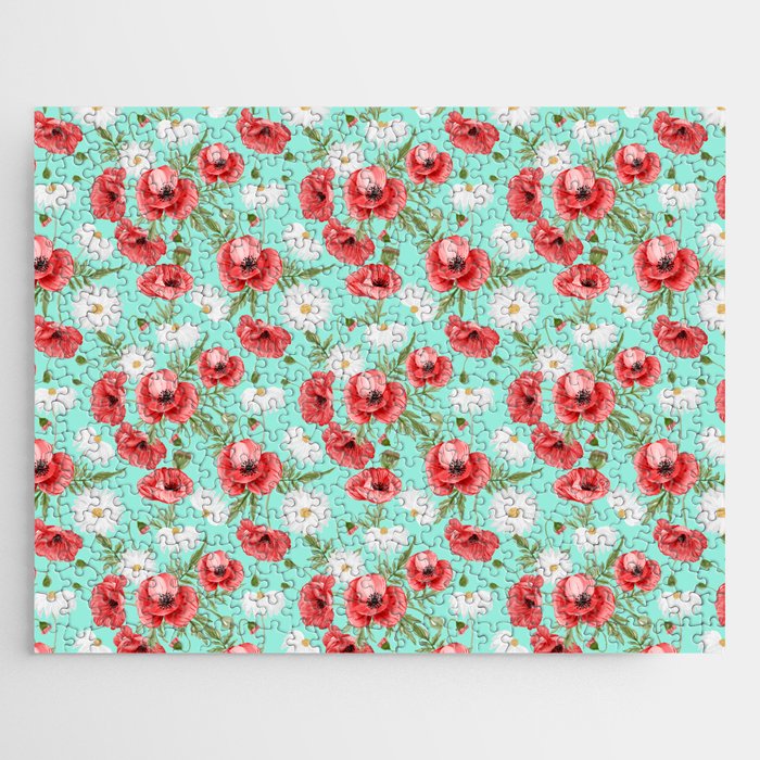 Daisy and Poppy Seamless Pattern on Mint Blue Background Jigsaw Puzzle