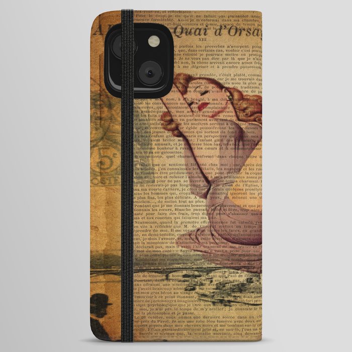 vintage newspaper print paris eiffel tower pin up girl iPhone Wallet Case