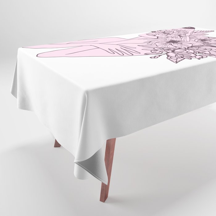 Woman with Flowers and Bird Abstract Line Art Tablecloth