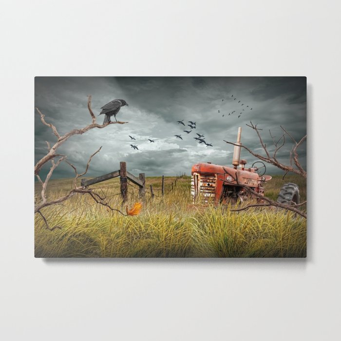 Abandoned Red Tractor in a Prairie Field with Perched Crow and Flying Geese Metal Print