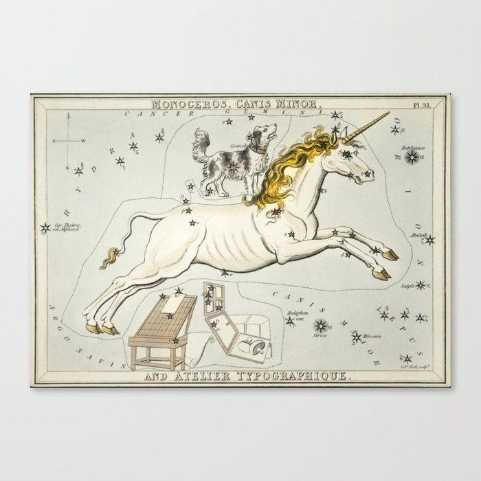 Vintage Astronomy Chart Monoceros, Canis Minor and the Atelier   Canvas Print