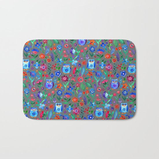 Little Owls and Flowers on Grey Bath Mat