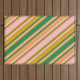 [ Thumbnail: Goldenrod, Sea Green, Brown, and Pink Colored Striped/Lined Pattern Outdoor Rug ]