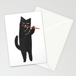 Black cat with flute Stationery Card