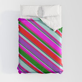 [ Thumbnail: Eyecatching Fuchsia, Red, Dark Orchid, Green & Turquoise Colored Lined Pattern Duvet Cover ]