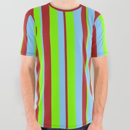 [ Thumbnail: Red, Light Sky Blue, and Chartreuse Colored Lined/Striped Pattern All Over Graphic Tee ]