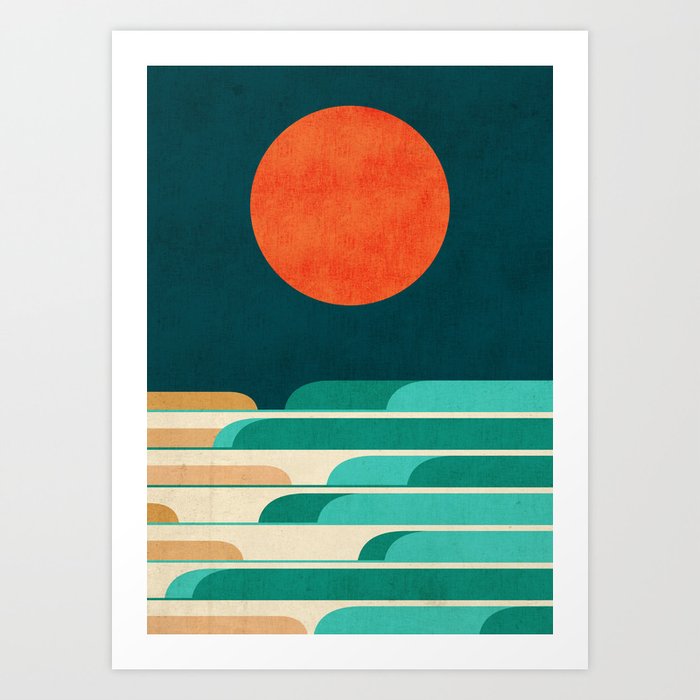 Chasing wave under the red moon Art Print