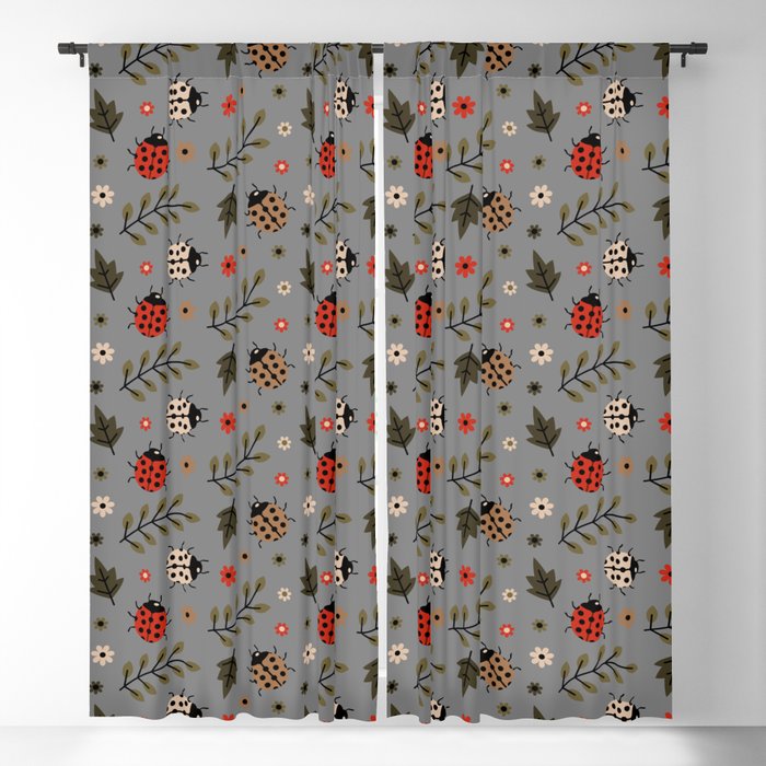 Ladybug and Floral Seamless Pattern on Grey Background Blackout Curtain