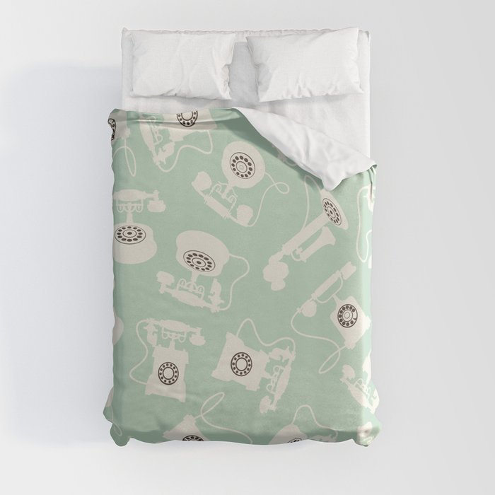 Vintage Rotary Dial Telephone Pattern on Pastel Apple Green Duvet Cover