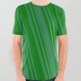 [ Thumbnail: Sea Green & Green Colored Striped Pattern All Over Graphic Tee ]