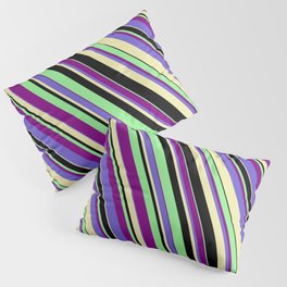 [ Thumbnail: Light Green, Purple, Slate Blue, Pale Goldenrod, and Black Colored Lines/Stripes Pattern Pillow Sham ]