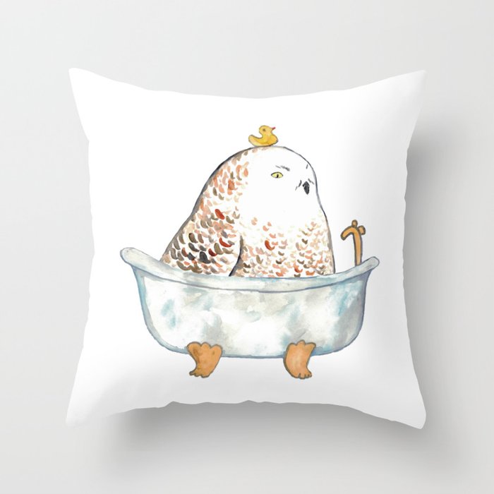 Snowy owl taking bath watercolor painting print Throw Pillow