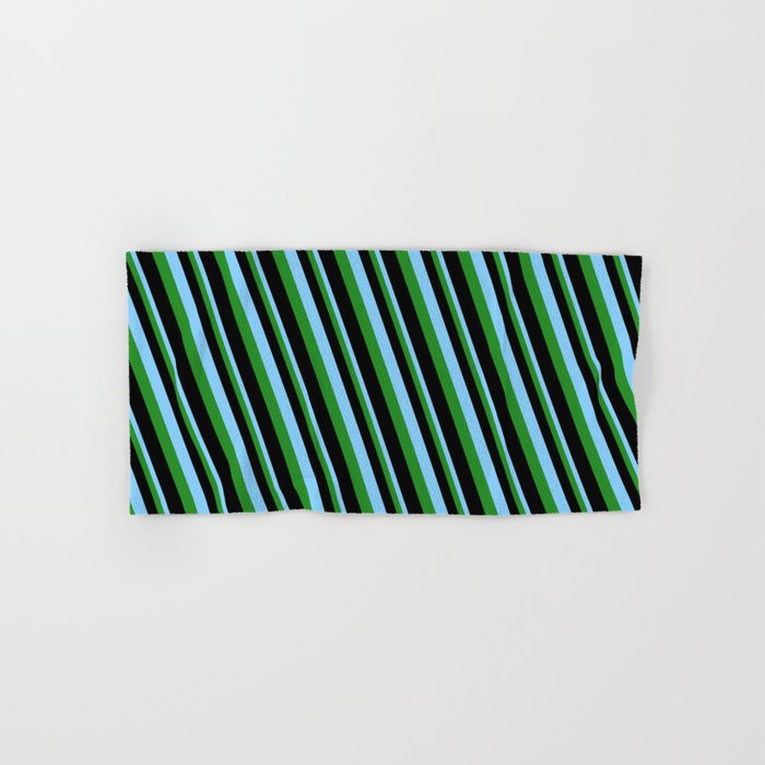 Light Sky Blue, Forest Green & Black Colored Pattern of Stripes Hand & Bath Towel