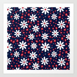  Funky Cosmo Flowers Pattern Blue White and Red Art Print