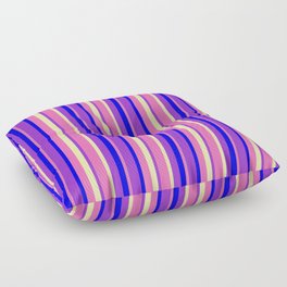 [ Thumbnail: Hot Pink, Pale Goldenrod, Dark Orchid & Blue Colored Stripes Pattern Floor Pillow ]