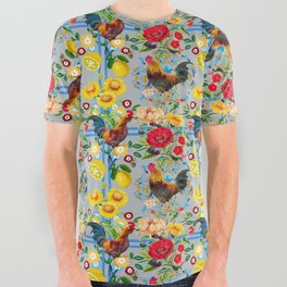 Rooster,farm,birds ,citrus,lemons,folklore pattern  All Over Graphic Tee