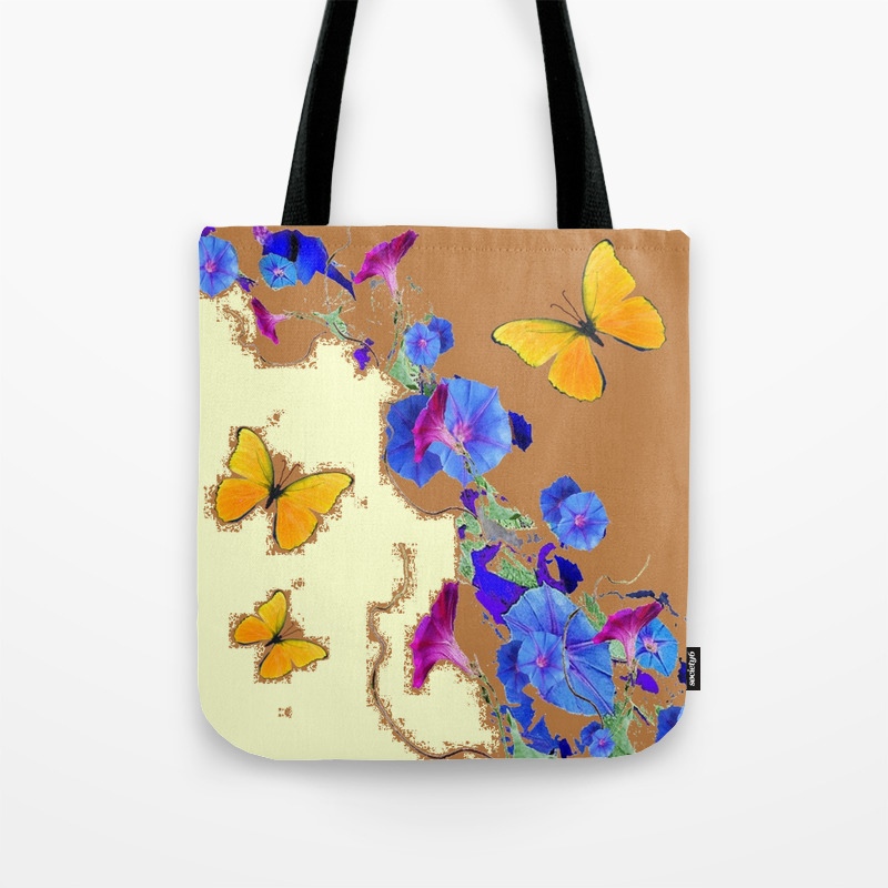 Coffee Cream Blue Flowers Butterfly Art Tote Bag By Sharlesart
