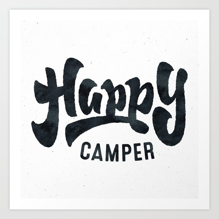 HAPPY CAMPER Black and White Retro Art Print