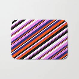 [ Thumbnail: Eyecatching Violet, Midnight Blue, Red, Black & White Colored Lines/Stripes Pattern Bath Mat ]
