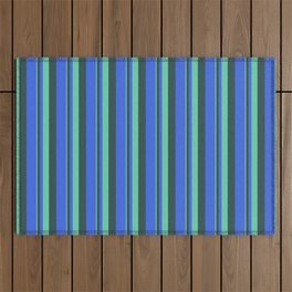 [ Thumbnail: Aquamarine, Dark Slate Gray, and Royal Blue Colored Lines/Stripes Pattern Outdoor Rug ]