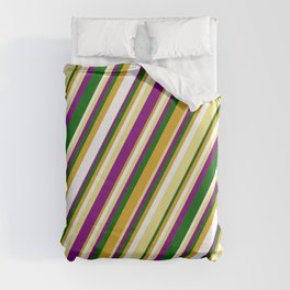 [ Thumbnail: Tan, Purple, Dark Green, Goldenrod, and White Colored Lined/Striped Pattern Duvet Cover ]
