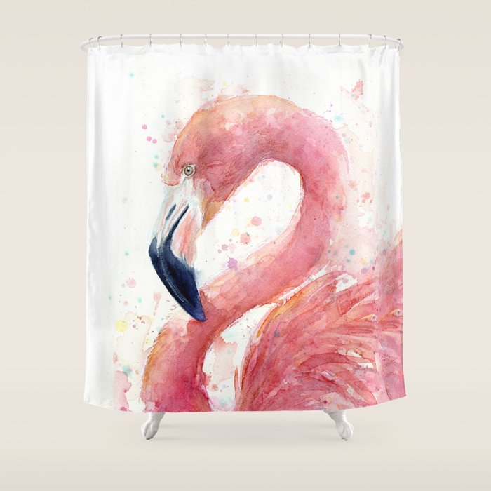 Pink Flamingo Watercolor Shower Curtain by Olechka Society6