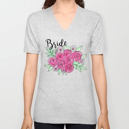 Bride Wedding Pink Roses Watercolor V Neck T Shirt