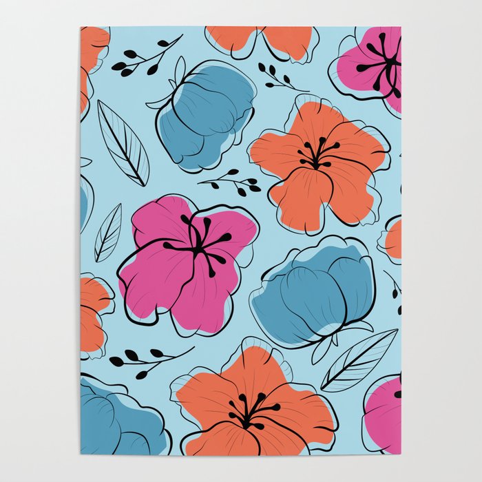 Elegant Floral Pattern Pink Orange And Light Blue Simple Flower Pattern  Poster