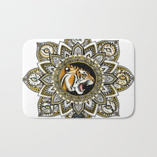 Black and Gold Roaring Tiger Mandala With 8 Cat Eyes Bath Mat