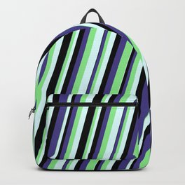 [ Thumbnail: Dark Slate Blue, Light Green, Light Cyan & Black Colored Lines/Stripes Pattern Backpack ]