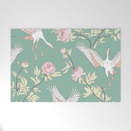 Japanese Ornate Heron Pattern Sage Blush I Welcome Mat