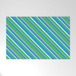 [ Thumbnail: Lime Green, Plum, Blue & Light Cyan Colored Pattern of Stripes Welcome Mat ]