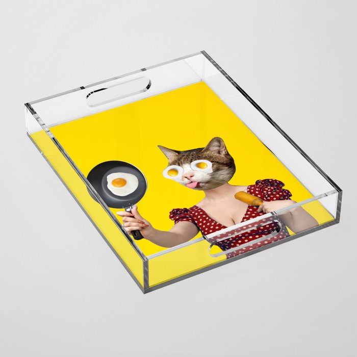 Sunny side up, cat, lady, eggs collage Acrylic Tray