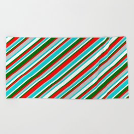 [ Thumbnail: Vibrant Red, Grey, Dark Turquoise, Mint Cream, and Dark Green Colored Striped/Lined Pattern Beach Towel ]