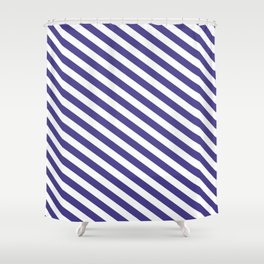 [ Thumbnail: White and Dark Slate Blue Colored Stripes Pattern Shower Curtain ]