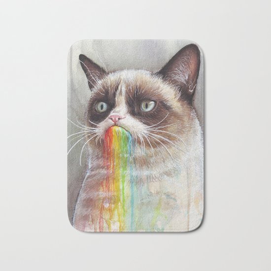 Cat Tastes the Grumpy Rainbow | Watercolor Painting Bath Mat