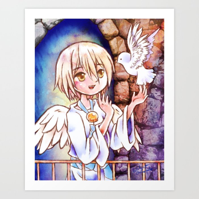 Angel And Dove Cute Original Anime Watercolor Painting Art Print