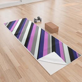 [ Thumbnail: Eye-catching Gray, Orchid, Midnight Blue, Black, and Mint Cream Colored Stripes/Lines Pattern Yoga Towel ]
