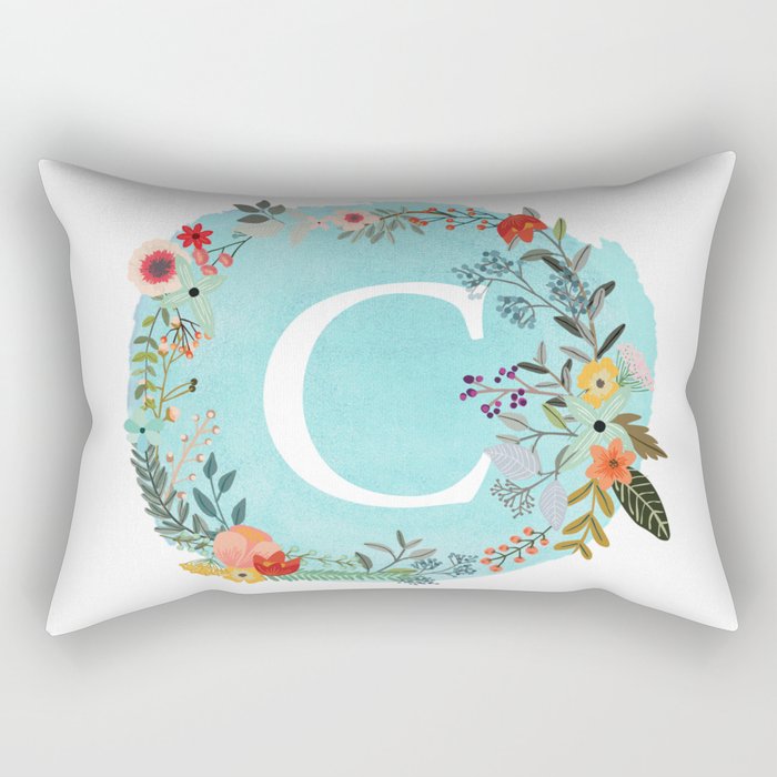 Personalized Monogram Initial Letter C Blue Watercolor Flower Wreath Personalized Monogram Initial Letter C Blue Watercolor Flower Wreath Artwork Rectangular Pillow