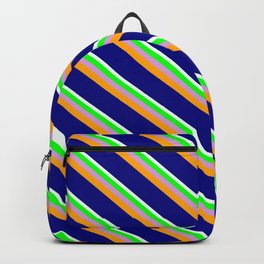[ Thumbnail: Mint Cream, Lime, Plum, Orange, and Blue Colored Lined Pattern Backpack ]