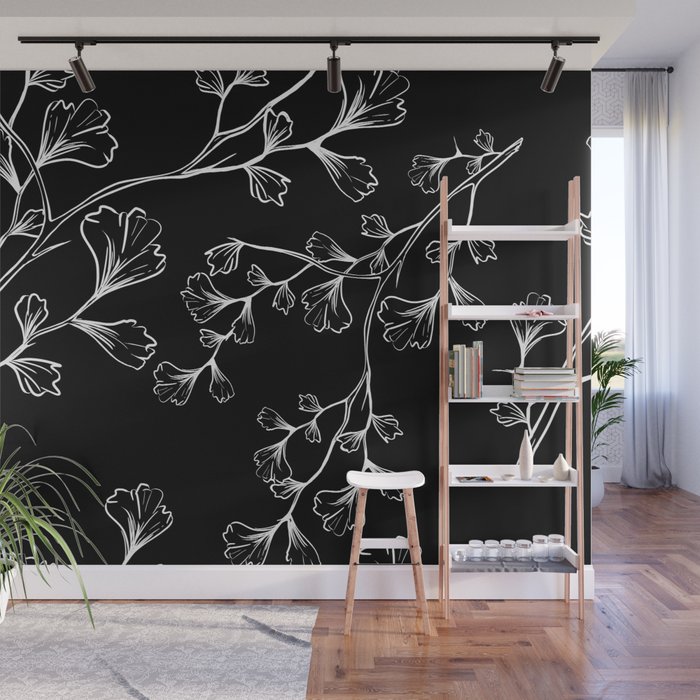 White Outline Leaves Branches Pattern  Wall Mural