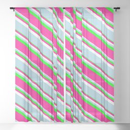 [ Thumbnail: Lime, Deep Pink, White & Light Blue Colored Pattern of Stripes Sheer Curtain ]