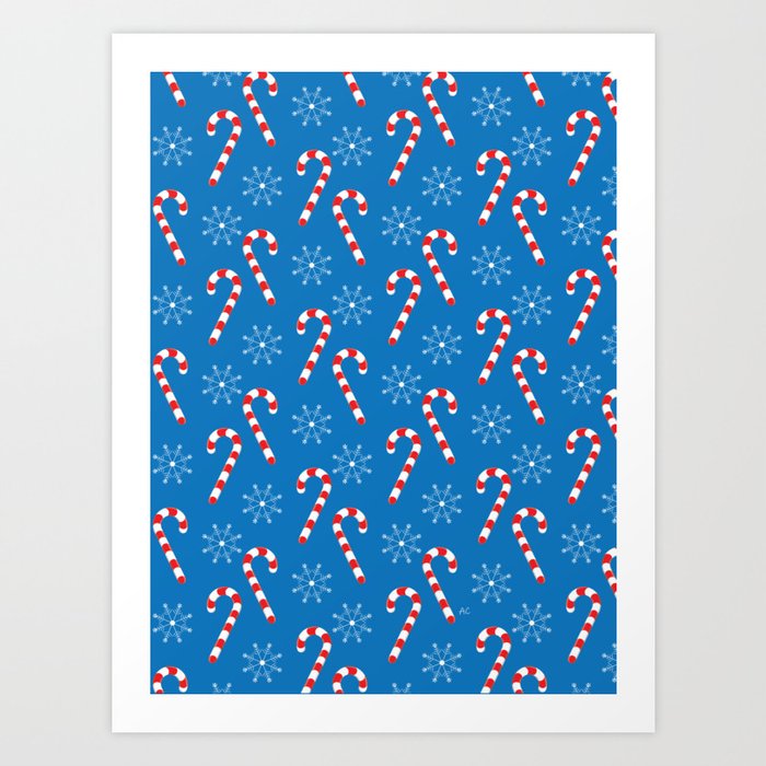 Candy Canes and Snowflakes Pattern Blue Art Print
